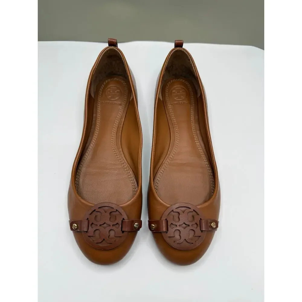 Tory Burch Gabriel flats Sz 8 Cognac Brown leather logo medallion